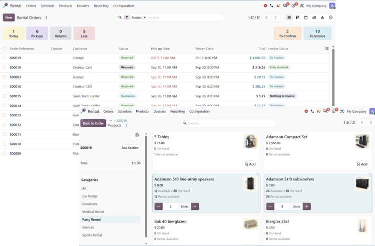 Odoo Verhuur: overlappende schermen met het overzicht van verhuurorders en de productcatalogus